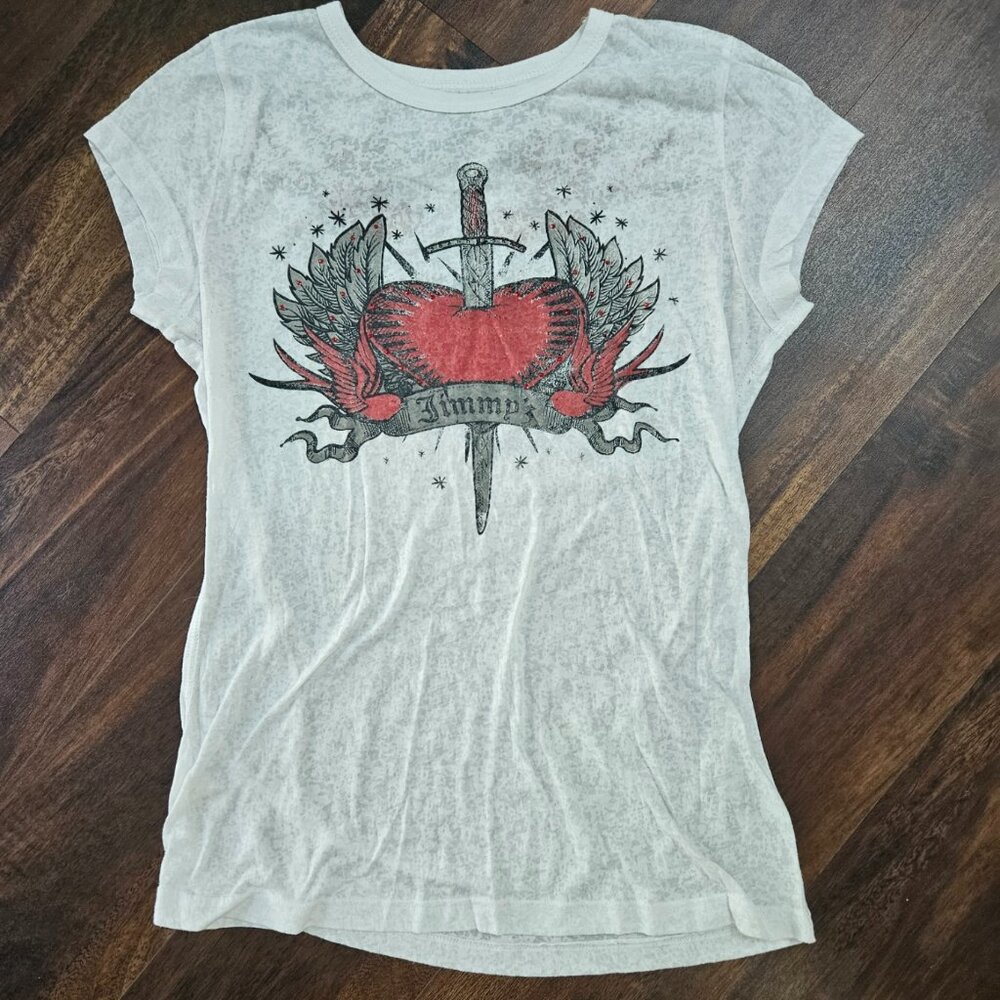 Vintage Y2K Jimmy Z Angel Wings Burnout Tshirt w/Red Rhinestones - Size L